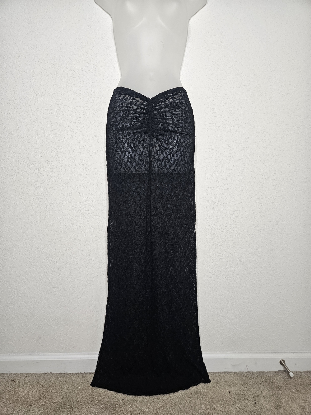 Naked Wardrobe Black Sheer Lace Maxi Skirt Ruched High Waist Size S